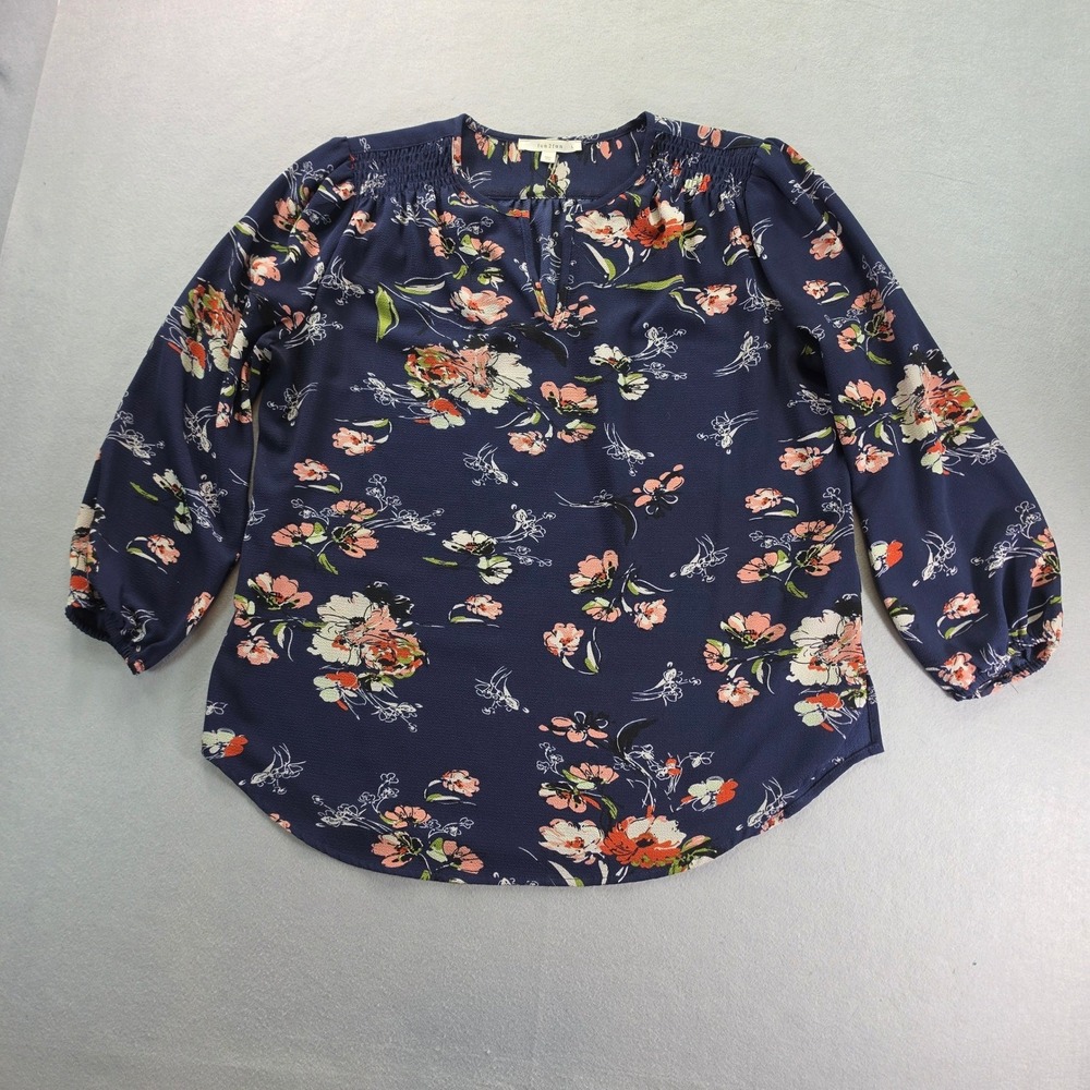 Fun2Fun Women's Large Navy Floral Smocked Shoulder Split Neck Blouse Boho
